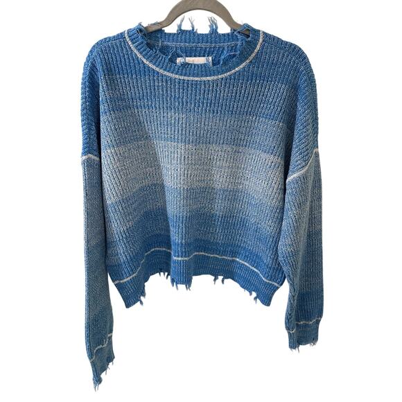 Pistola Eva Cropped Crewneck Pullover Sweater Stripe Distressed Salted Blue, M - Picture 2 of 8